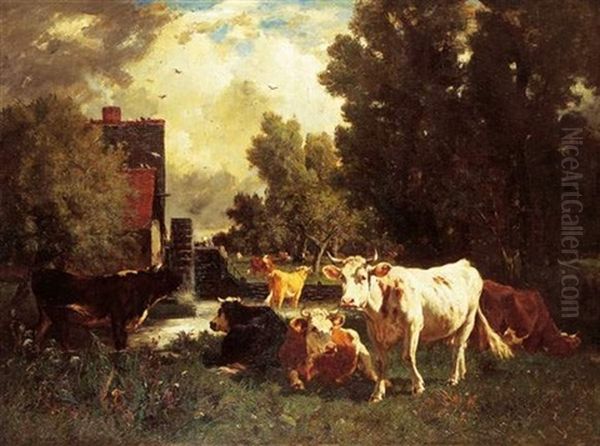 Vaches Aupres D'un Moulin Oil Painting by Emile van Marcke de Lummen