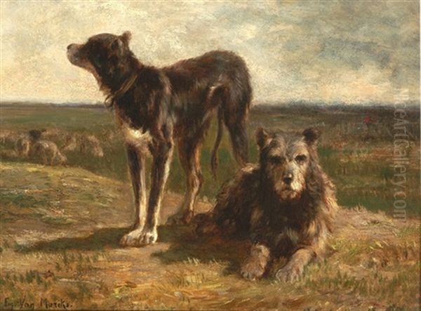 Hunde Auf Dem Feld,  Im Hintergrund Weidende Schafe Oil Painting by Emile van Marcke de Lummen