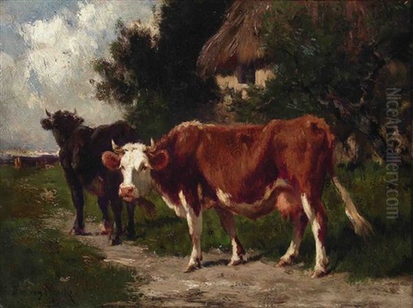 Deux Vaches Devant Une Ferme Oil Painting by Emile van Marcke de Lummen