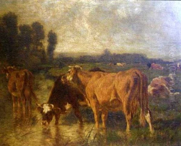 Cows At A Watering Spot, Others Lying In A Pasture In The Background Oil Painting by Emile van Marcke de Lummen