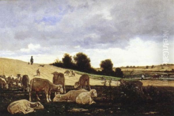 Berger Et Ses Moutons Oil Painting by Emile van Marcke de Lummen