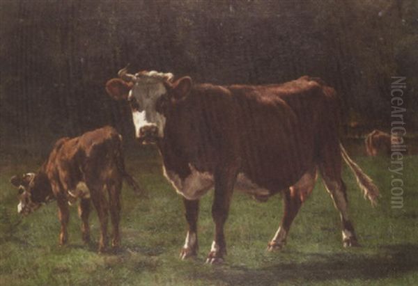 Cows In A Pasture Oil Painting by Emile van Marcke de Lummen