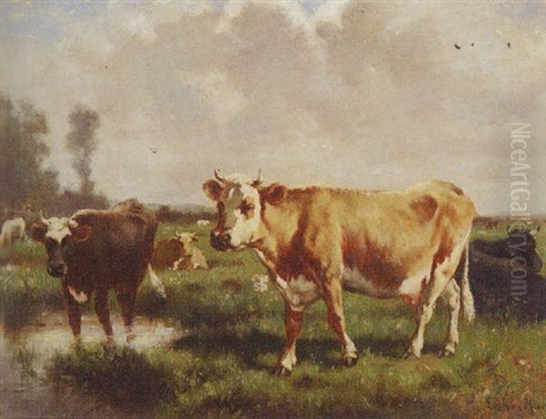 Country Landscape With Cows Oil Painting by Emile van Marcke de Lummen