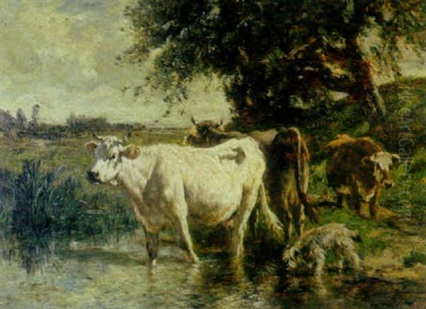 Cows And A Dog Drinking From A Pond Oil Painting by Emile van Marcke de Lummen