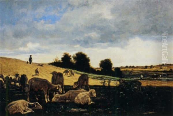 Troupeau De Moutons A L'abri Du Soleil Oil Painting by Emile van Marcke de Lummen