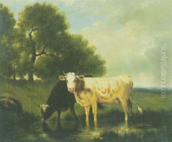 Zwei Kuhe Trinken Am Wasser Oil Painting by Emile van Marcke de Lummen