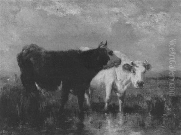 Cows Watering In A Pond Oil Painting by Emile van Marcke de Lummen