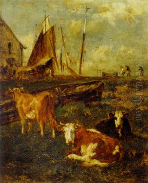 Cattle Near A Harbor Oil Painting by Emile van Marcke de Lummen