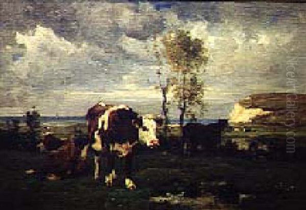 Coastal Landscape With Cows Oil Painting by Emile van Marcke de Lummen