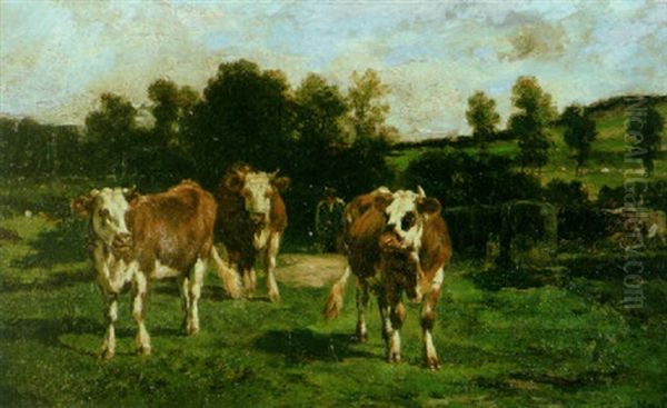 Cows In A Pasture With A Herder Beyond by Emile van Marcke de Lummen