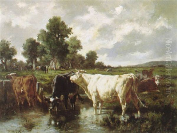 Cattle Drinking At A Pool In An Extensive Landscape Oil Painting by Emile van Marcke de Lummen