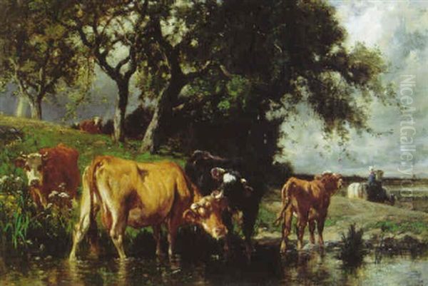 Cows Resting In A Stream by Emile van Marcke de Lummen