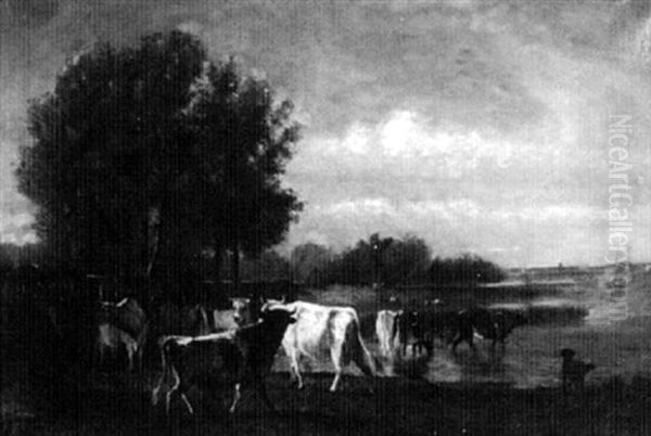 Cattle Grazing By A Marsh Oil Painting by Emile van Marcke de Lummen