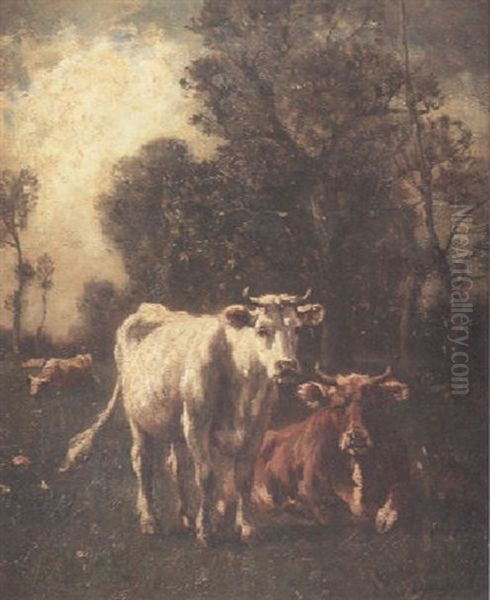 Cattle In A Pasture With Two Cows Resting In The Foreground Oil Painting by Emile van Marcke de Lummen