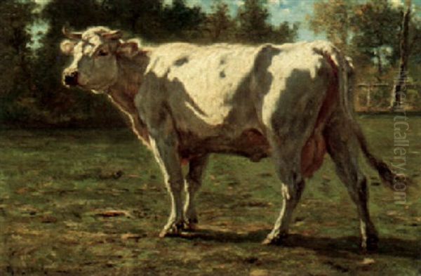 White Bull In Landscape Oil Painting by Emile van Marcke de Lummen