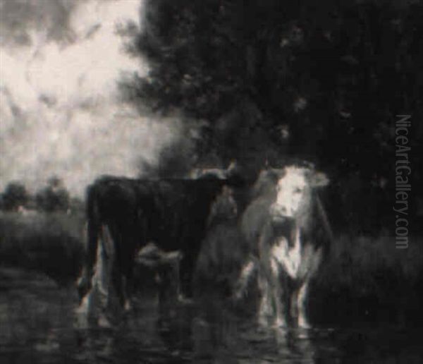 Cattle Standing In A Stream Oil Painting by Emile van Marcke de Lummen