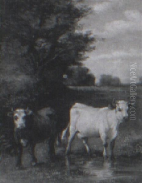 Cattle Standing At Pasture Oil Painting by Emile van Marcke de Lummen