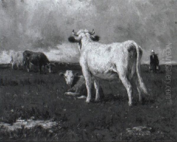 Cows Grazing In A Field Oil Painting by Emile van Marcke de Lummen