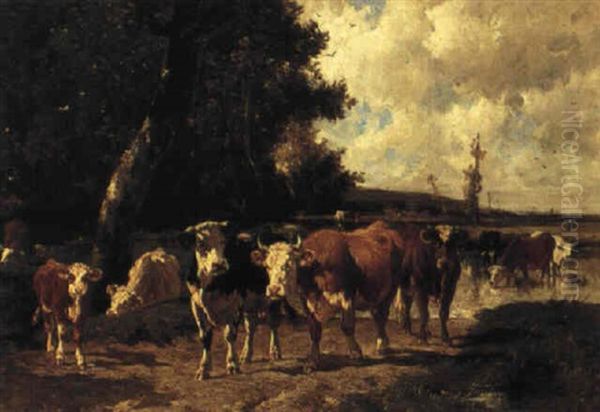 A Herd Of Cows On A Country Path Oil Painting by Emile van Marcke de Lummen