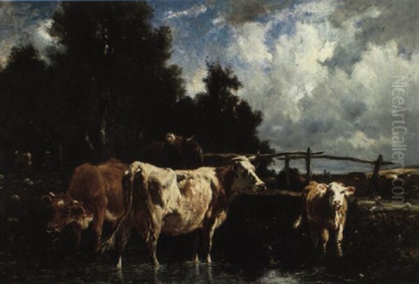 Kuhe Am Flus Oil Painting by Emile van Marcke de Lummen