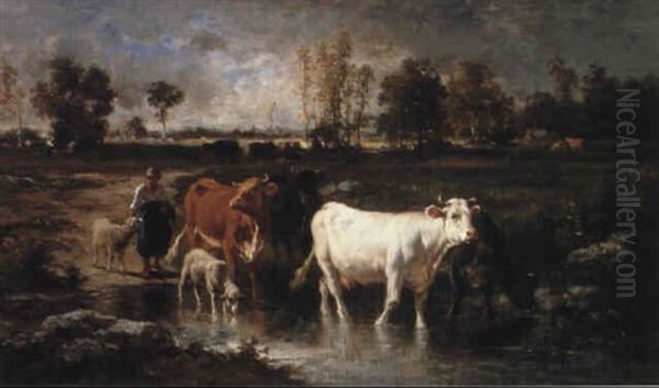 Cattle In A Landscape Oil Painting by Emile van Marcke de Lummen