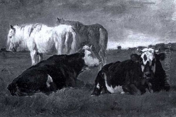 Cows And Horse In A Pasture by Emile van Marcke de Lummen