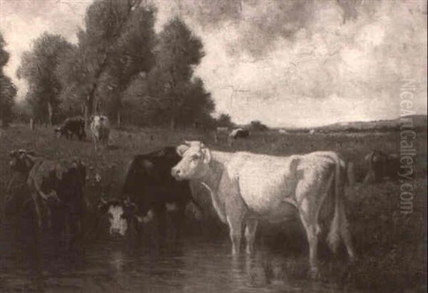 Cattle Watering In A Pond Oil Painting by Emile van Marcke de Lummen