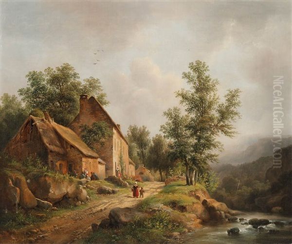 Hofhaus Vor Bach Und Gebirgskulisse by Jean Baptiste (Jules) Marcke