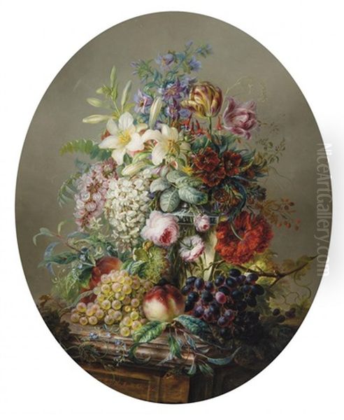 Stilleven Met Bloemen En Fruit Oil Painting by Julie Palmyre van Marcke