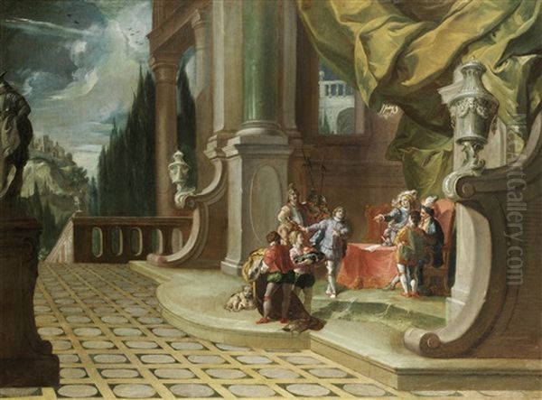 Figures On A Palace Terrace Oil Painting by Giovanni Battista Marcola