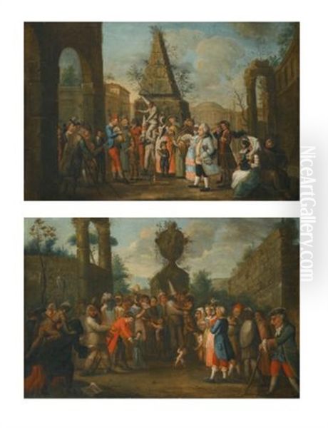 A Street Scene With Commedia Dell'arte Performers And Musicians Gathered Around Two Puppets, An Obelisk Beyond; A Street Scene With Commedia Dell'arte Performers Gathered Around A Monkey, An Urn Beyond (pair) Oil Painting by Marco Marcola