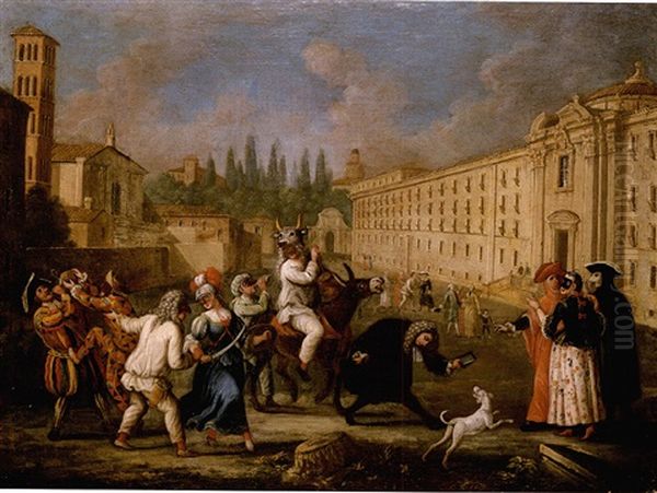 Carnival Scene With Commedia Dell'arte Figures Performing And Making Music In A Street Oil Painting by Marco Marcola