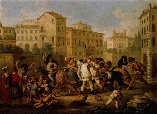 Carnival Scene With Children Dancing And Figures In Commedia Dell'arte Costumes Eating Pasta In A Street Oil Painting by Marco Marcola