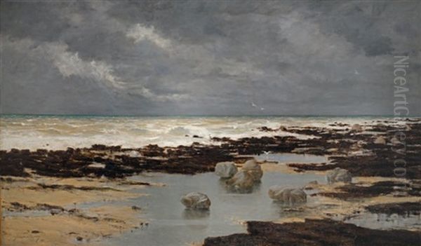 La Plage A Maree Basse Oil Painting by Augustin Marie Paul Marcotte de Quivieres