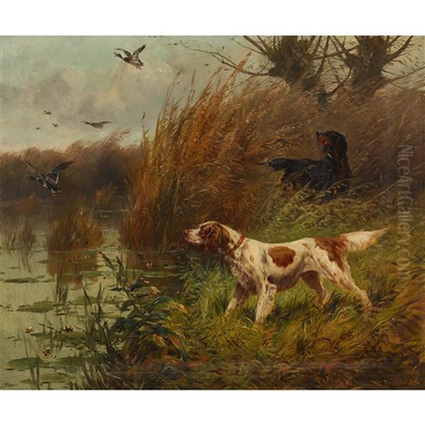 Herbstliches Ufer Mit Enten Und Jagdhunden Oil Painting by Victor Marcou