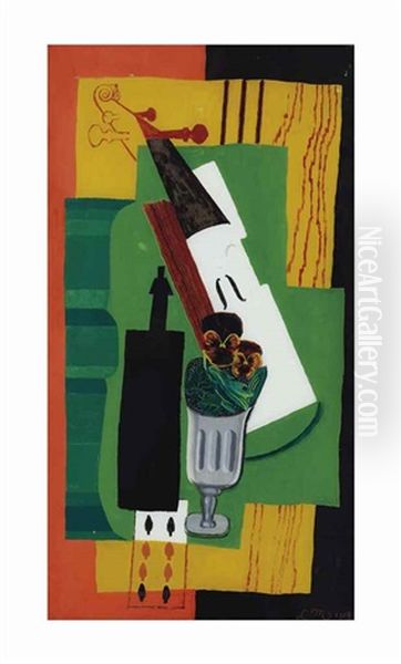 Violon, Bouteille, Fleurs Dans Un Verre Et Huit De Pique Oil Painting by Louis Marcoussis