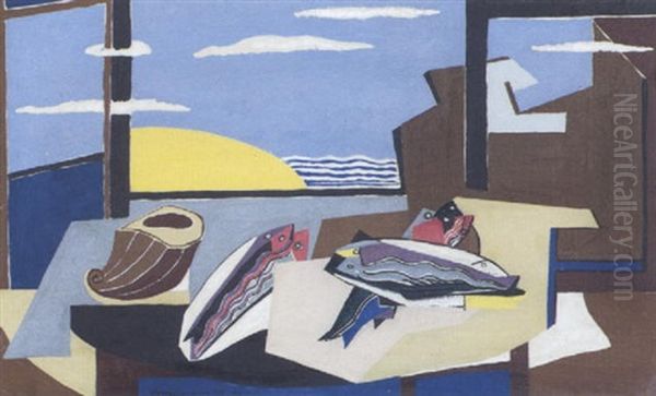 Hyeres Iii (nature Morte Aux Poissons) Oil Painting by Louis Marcoussis