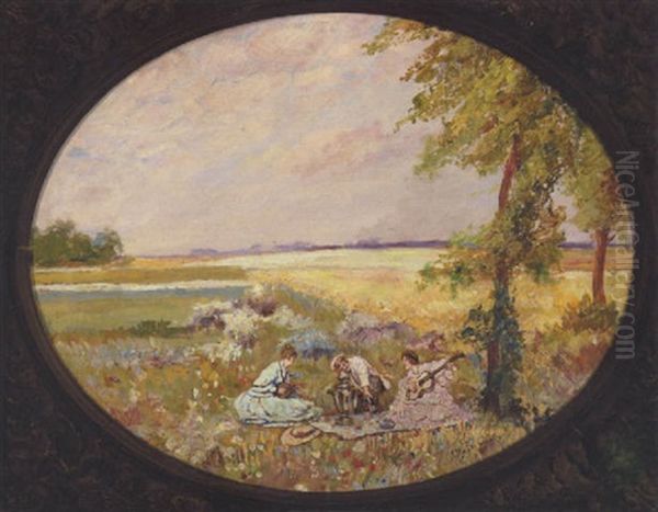 Pa Picnic. En Mand Traekker Vinen Op, Medens To Damer Musicerer Oil Painting by Leonid Ivanovitch Marderosov