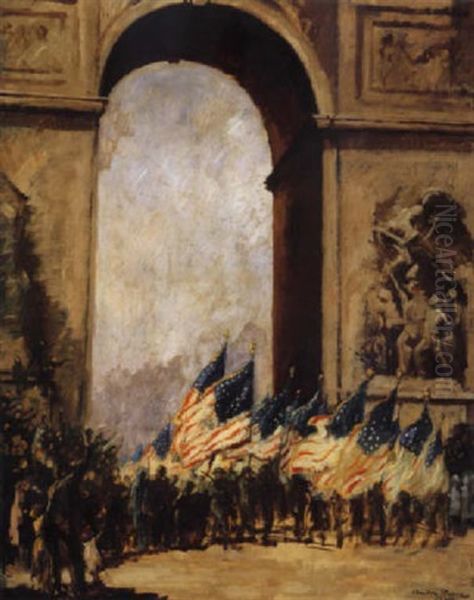 American Troops At The Arc De Triomphe Oil Painting by Andre Mare