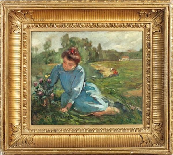 Jeune Femme Cueillant Des Fleurs En Bord De Riviere Oil Painting by Victor Marec