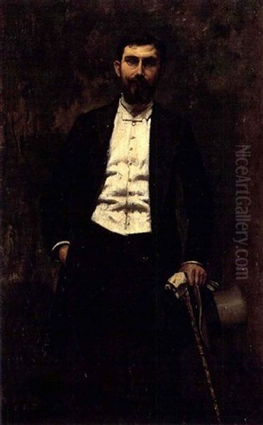 Portrait Of A Gentleman In A Frock-coat Holding A Top Hat Oil Painting by Victor Marec