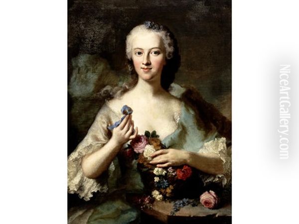 Portrait Of A Lady, Said To Be Countess Vitzthum, Half-length, In A Blue Dress, Holding Flowers Oil Painting by George de Marees