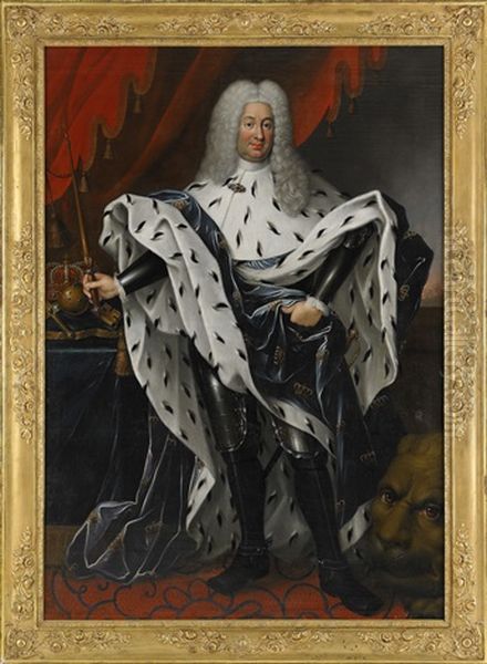 Portratt Av Fredrik I (1676-1751), Konung Av Sverige, Lantgreve Av Hessen-kassel Ikladd Kyrass Och Hermelinbramad Morkbla Mantel I Interior Med Riksregalierna - Staende Helfigur Oil Painting by George de Marees