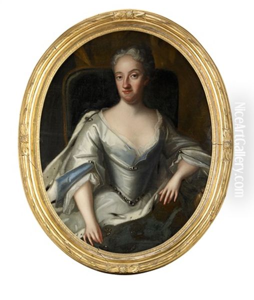 Portratt Av Drottning Ulrika Eleonora D.y. (1688-1741) Ikladd Vit Klanning Samt Hermelinbramad Mantel Med Strokronor - Sittande Knastycke Oil Painting by George de Marees