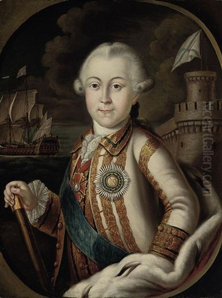 Portrait Of A Russian Navy Admiral With A Baton In His Right Hand, A Ship And A Castle Beyond Oil Painting by George de Marees