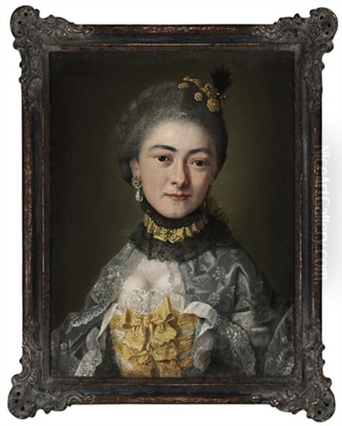 Portrait Of A Lady, Bust-length, In A Grey Dress With Yellow Trim, And Pearl Earrings Oil Painting by George de Marees