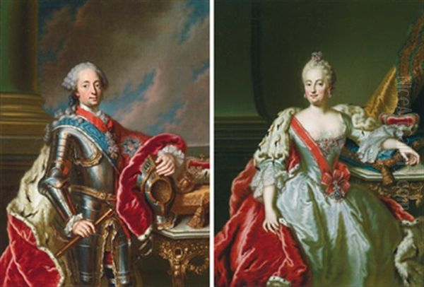 Bildnisse Des Kurfursten Maximilian Iii Joseph Von Bayern(+ Gemahlin Maria Anna Sophia Von Sachsen; Pair) Oil Painting by George de Marees