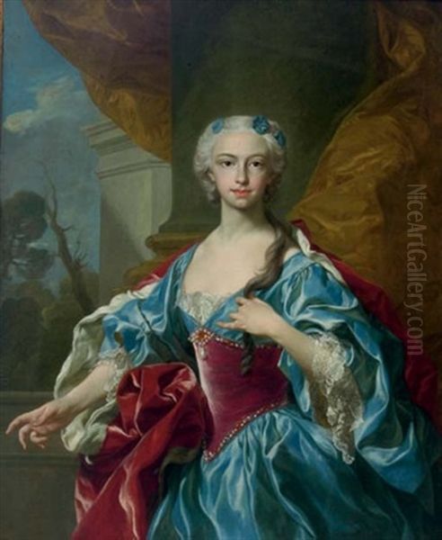 Portrait Of A Lady In A Blue Silk Dress With A Crimson Bodice And Shawl Oil Painting by George de Marees