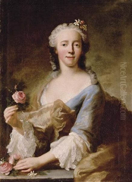 Portrait Of A Lady In A Blue Dress With White Lace Sleeves And Trimming, Holding A Pink Rose In Each Hand Oil Painting by George de Marees