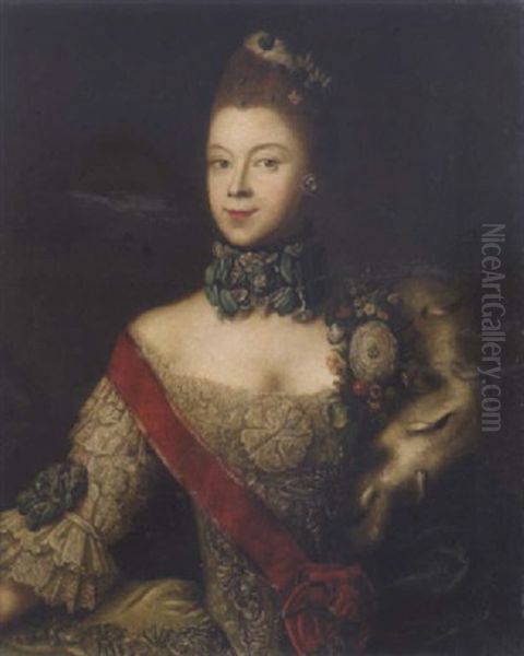 Portrait Of Queen Charlotte In Court Dress, With A Red Sash And An Ermine Lined Cloak Oil Painting by George de Marees